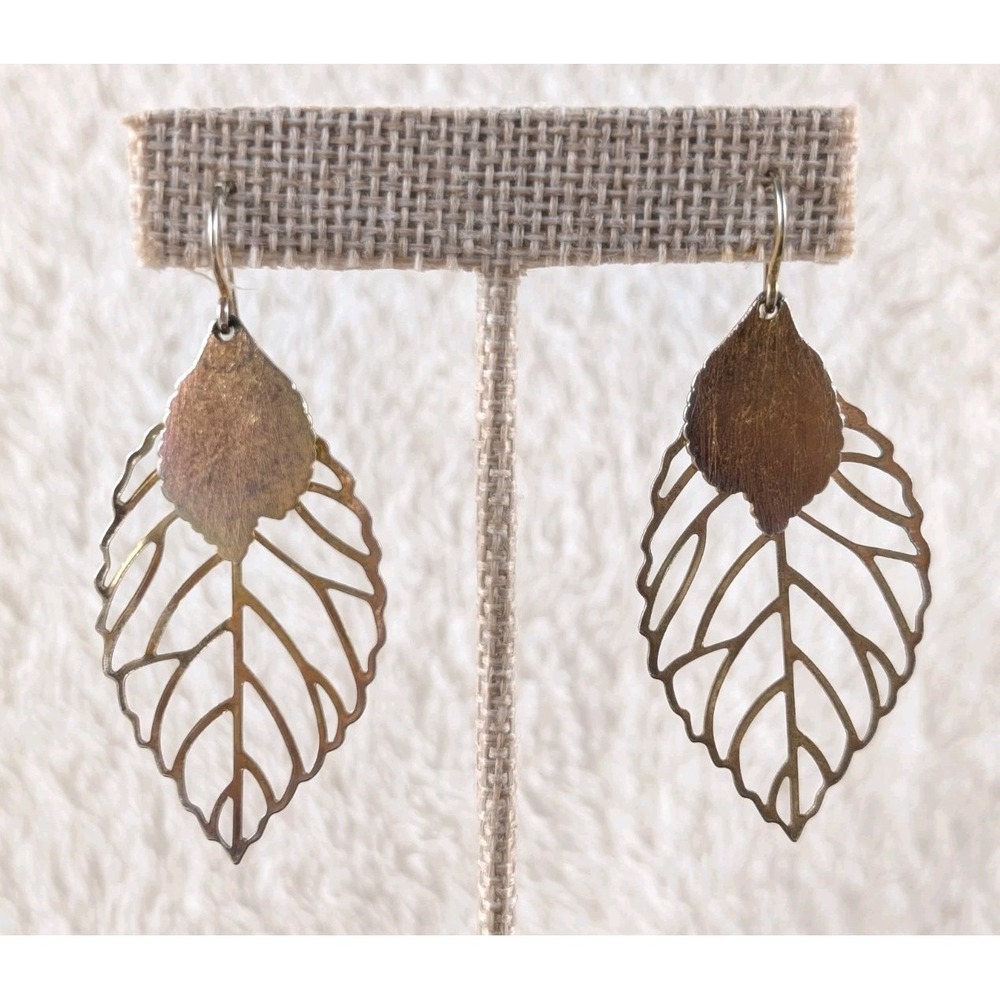 Gold Tone Cutout Leaf‎ Dangle Earrings Lightweight Boho Nature Inspired